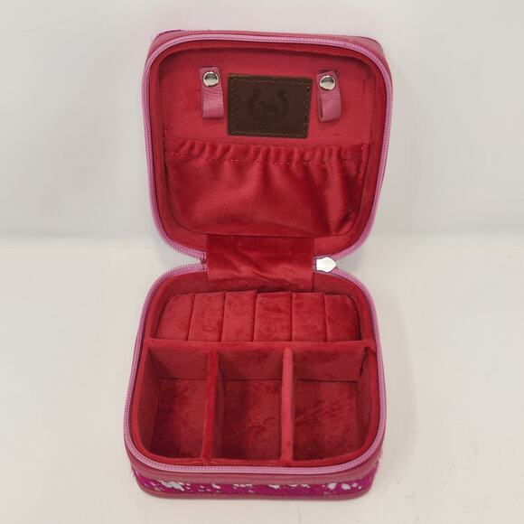 Western Linens Cowhide Leather Square Jewelry Case Box Pink Metallic Silver - Picture 5 of 7